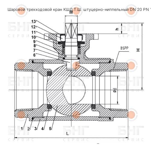 Шаровой трехходовой кран КШД.Т.Ш. штуцерно-ниппельный DN 15 PN 3,2 12Х18Н10Т чертеж